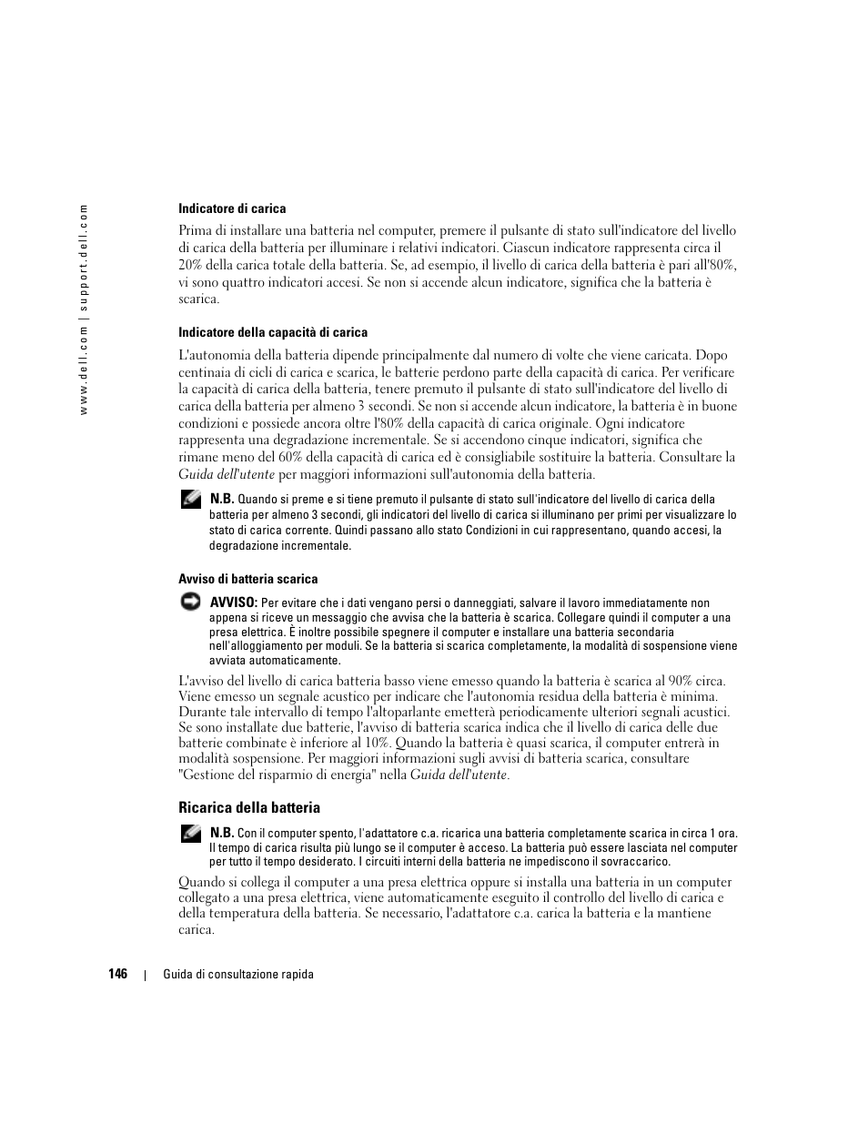 Ricarica della batteria | Dell Precision M70 User Manual | Page 146 / 182
