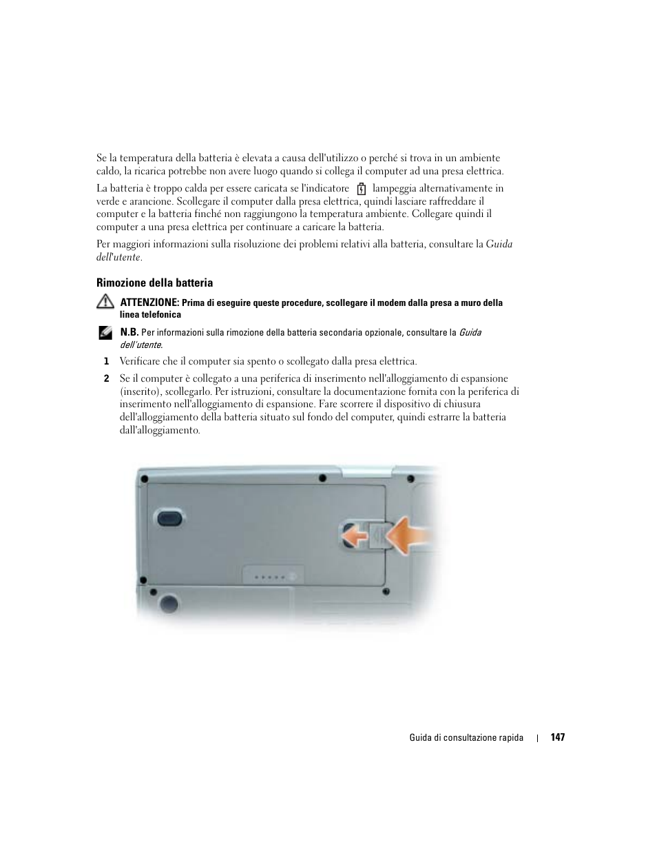 Rimozione della batteria | Dell Precision M70 User Manual | Page 147 / 182