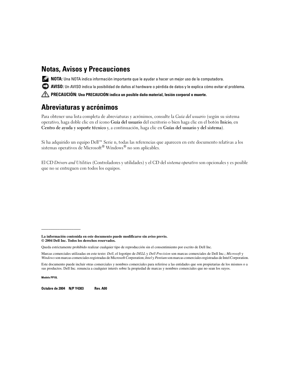 Notas, avisos y precauciones, Abreviaturas y acrónimos | Dell Precision M70 User Manual | Page 158 / 182