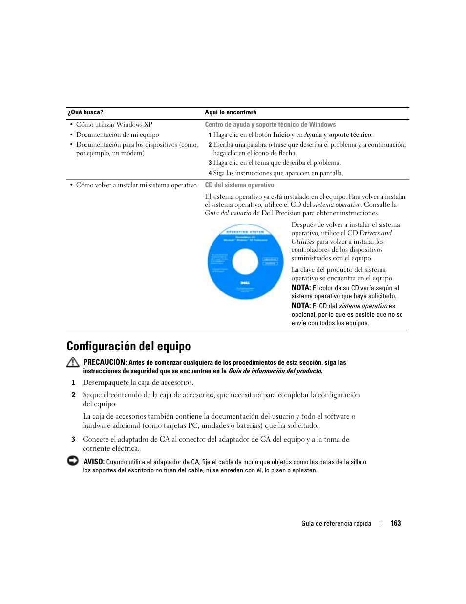 Configuración del equipo | Dell Precision M70 User Manual | Page 163 / 182