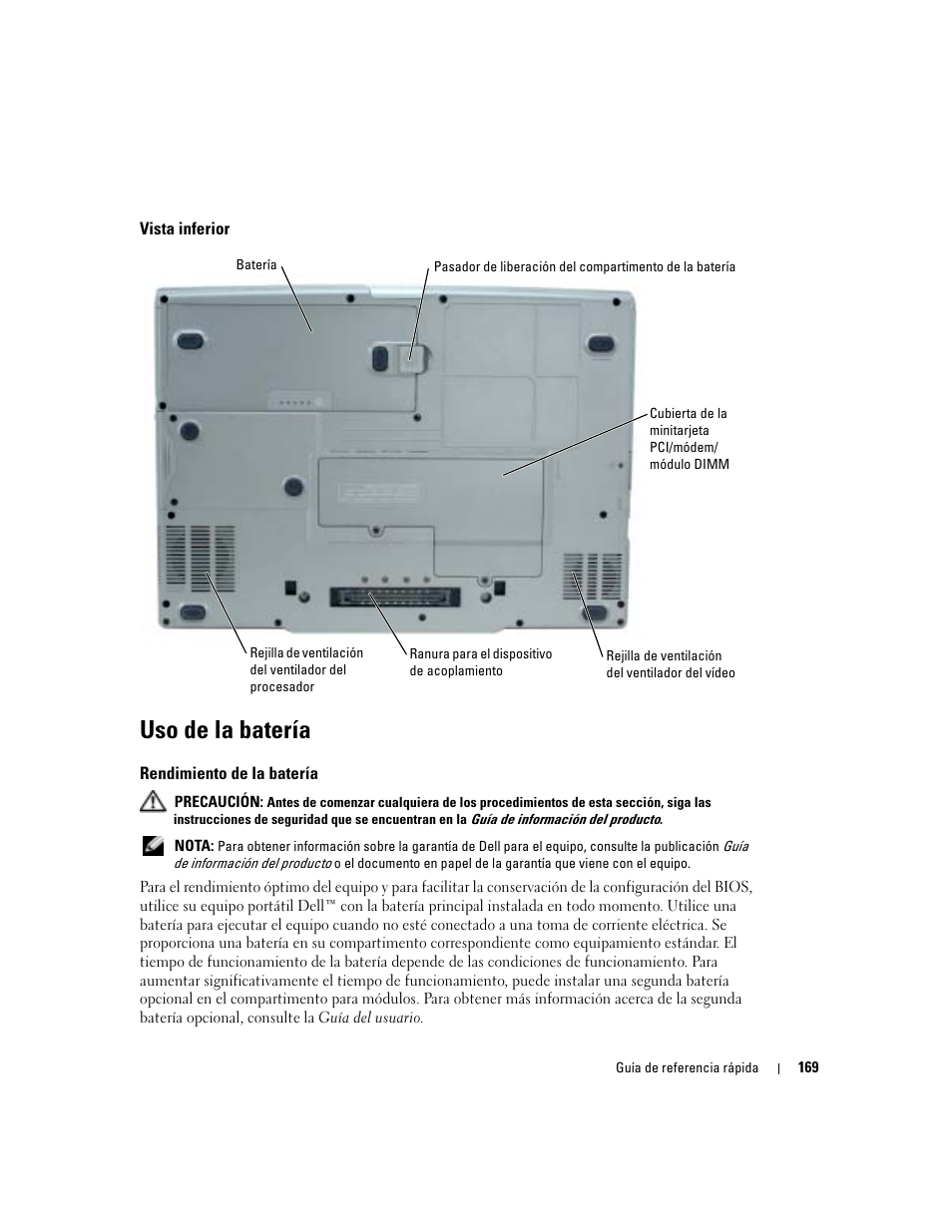 Vista inferior, Uso de la batería, Rendimiento de la batería | Dell Precision M70 User Manual | Page 169 / 182