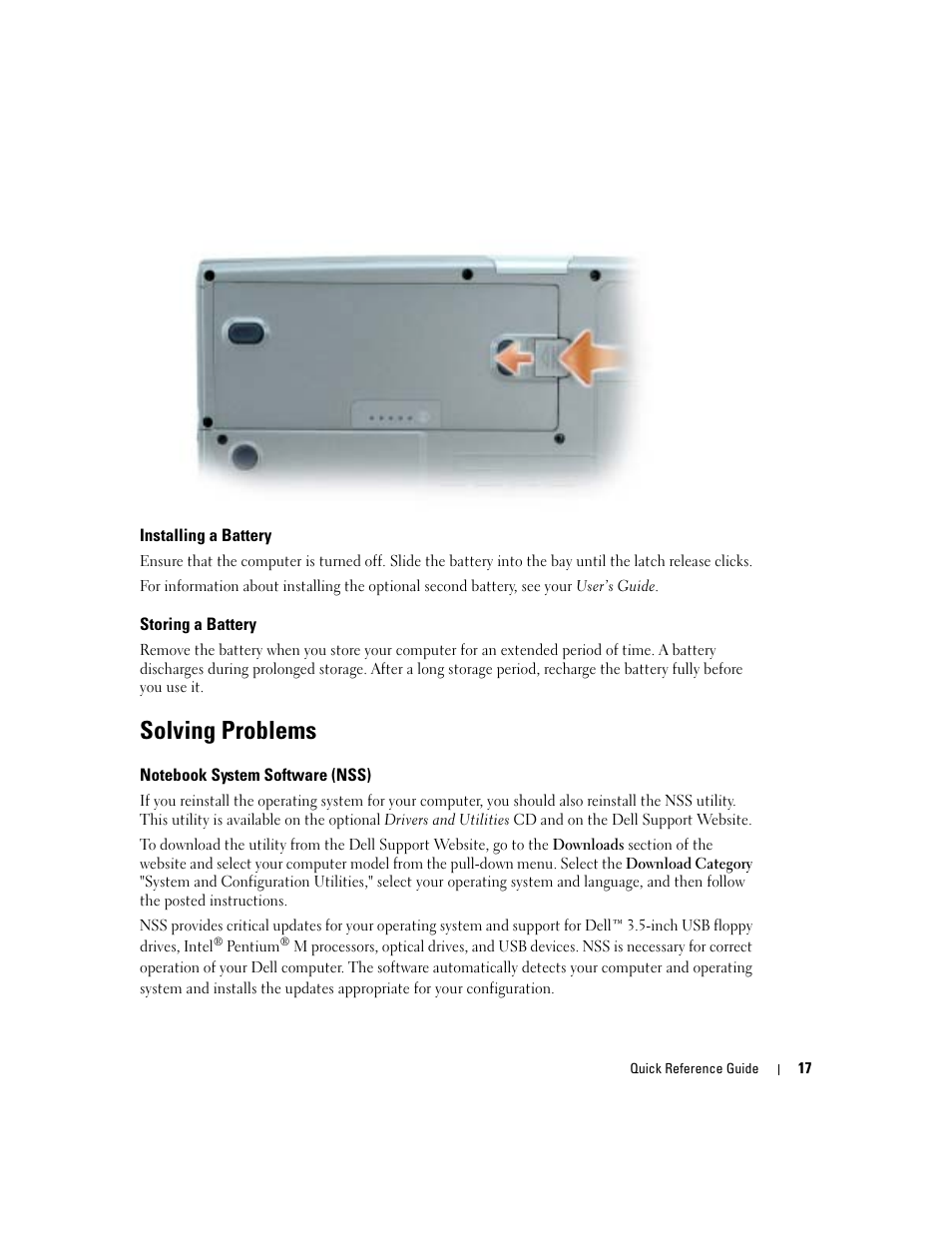 Installing a battery, Storing a battery, Solving problems | Notebook system software (nss) | Dell Precision M70 User Manual | Page 17 / 182