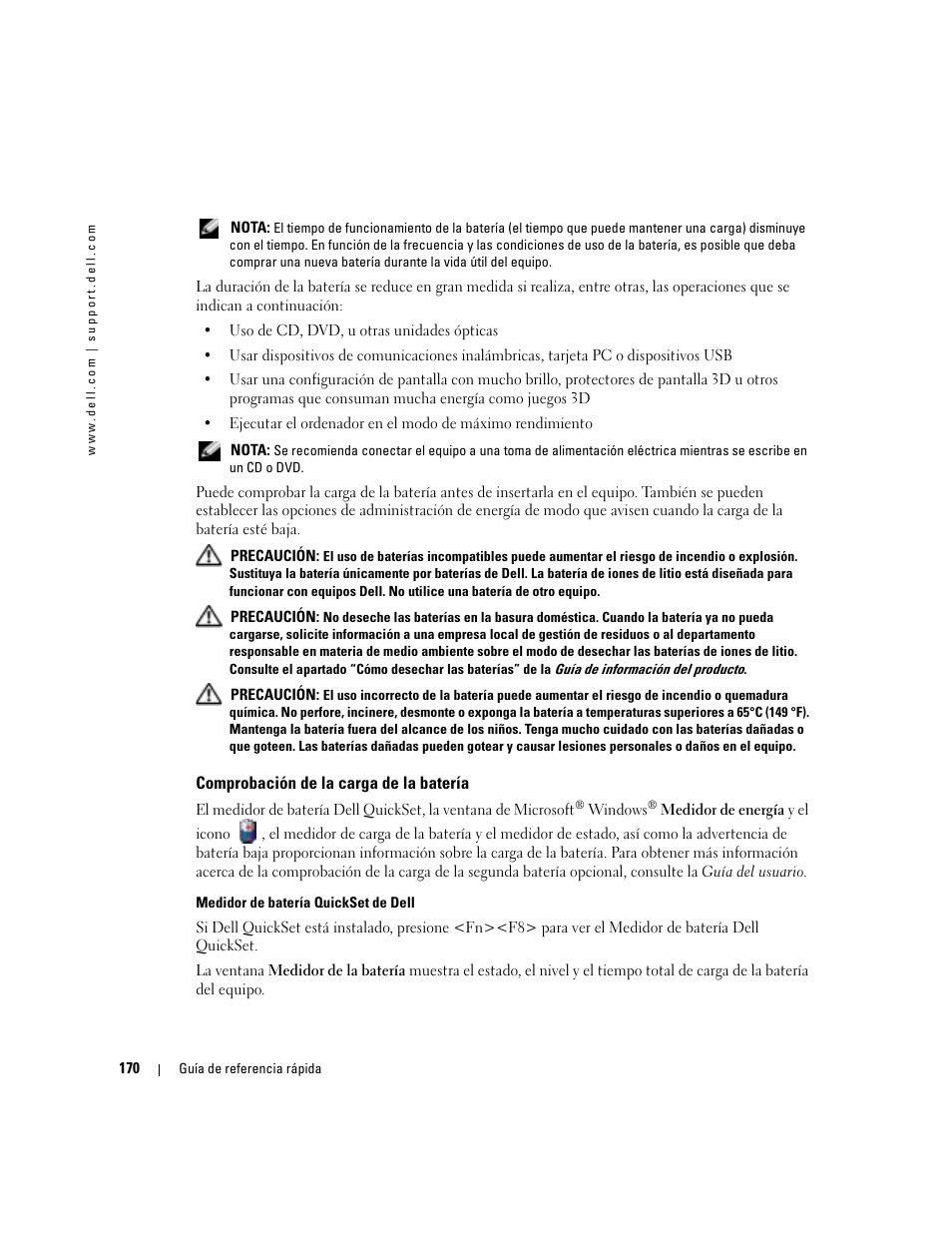 Comprobación de la carga de la batería | Dell Precision M70 User Manual | Page 170 / 182