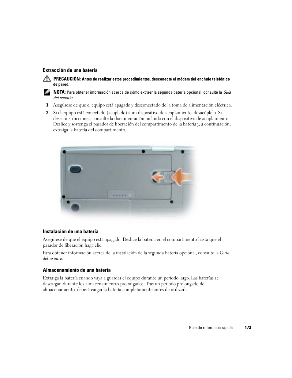 Extracción de una batería, Instalación de una batería, Almacenamiento de una batería | Dell Precision M70 User Manual | Page 173 / 182