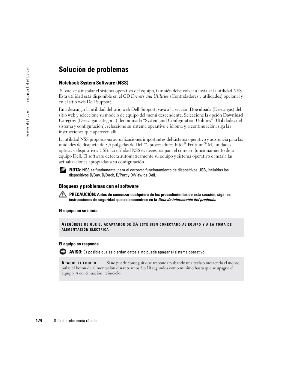 Solución de problemas, Notebook system software (nss), Bloqueos y problemas con el software | Dell Precision M70 User Manual | Page 174 / 182