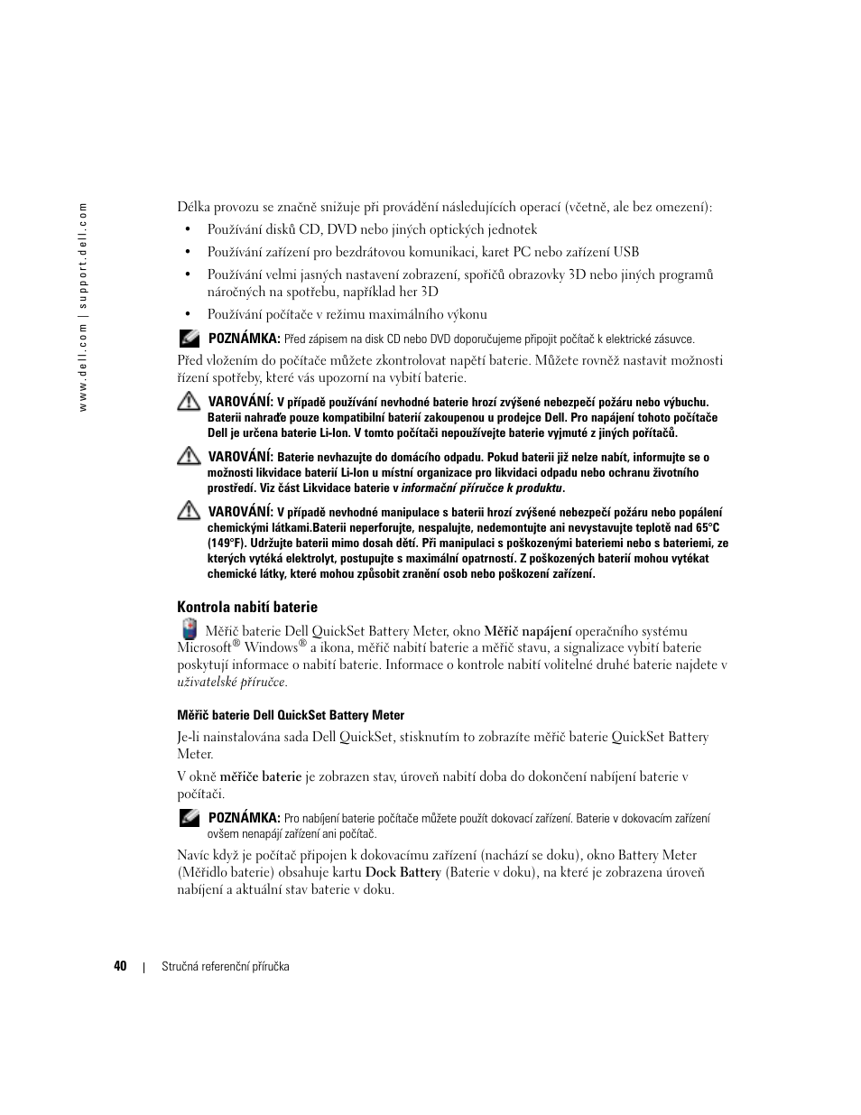 Kontrola nabití baterie | Dell Precision M70 User Manual | Page 40 / 182