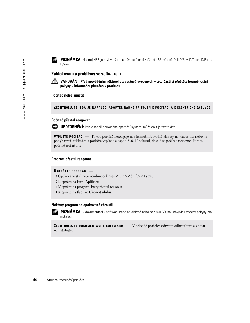 Zablokování a problémy se softwarem | Dell Precision M70 User Manual | Page 44 / 182