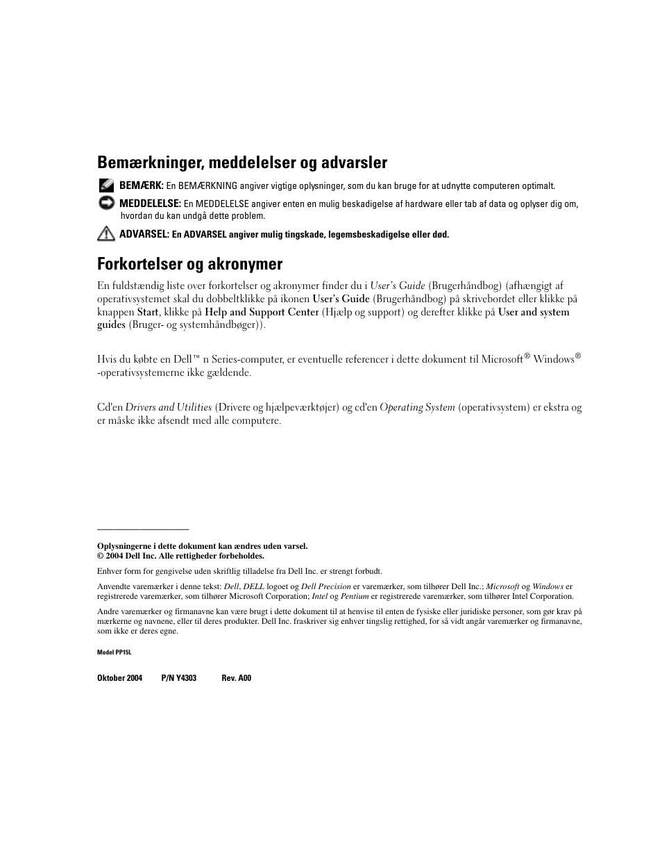 Bemærkninger, meddelelser og advarsler, Forkortelser og akronymer | Dell Precision M70 User Manual | Page 54 / 182