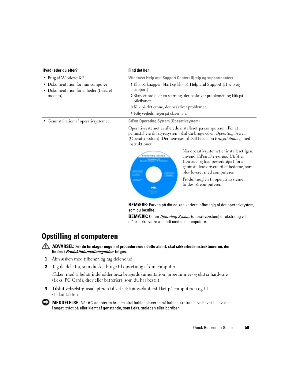 Opstilling af computeren | Dell Precision M70 User Manual | Page 59 / 182