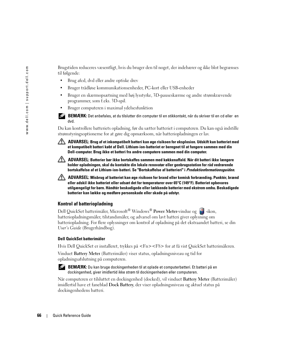Kontrol af batteriopladning | Dell Precision M70 User Manual | Page 66 / 182