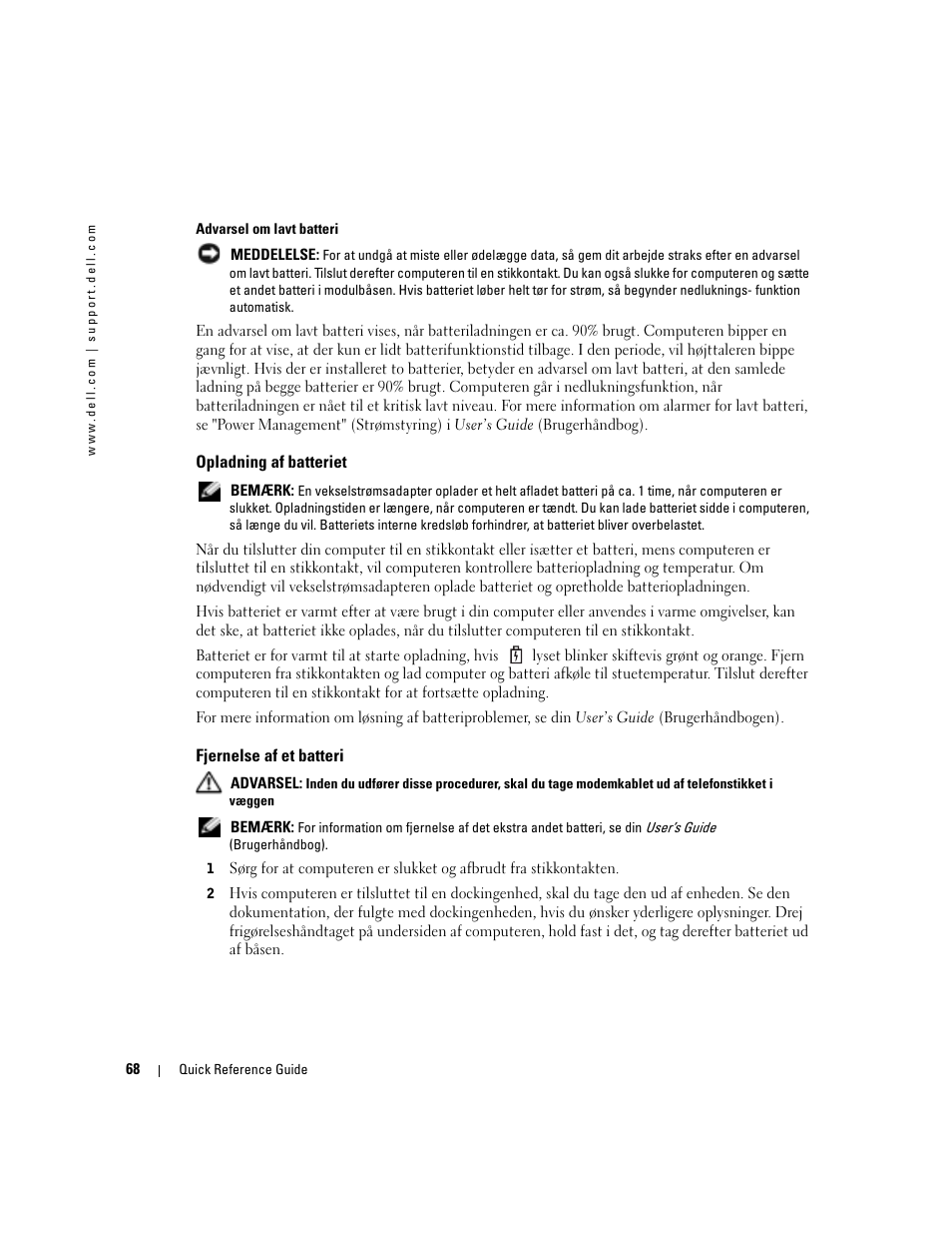 Opladning af batteriet, Fjernelse af et batteri | Dell Precision M70 User Manual | Page 68 / 182