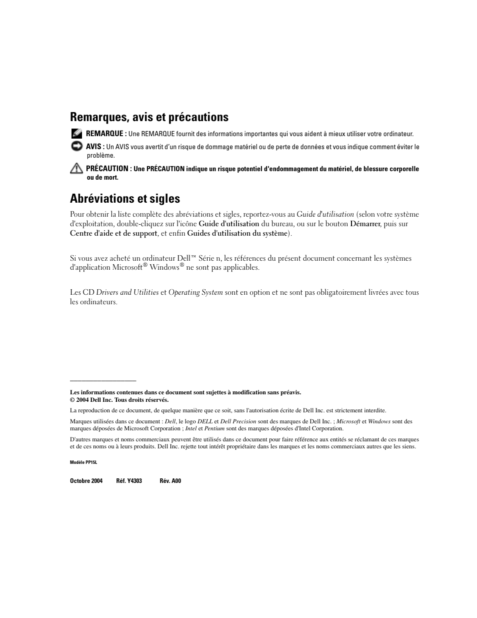 Remarques, avis et précautions, Abréviations et sigles | Dell Precision M70 User Manual | Page 80 / 182