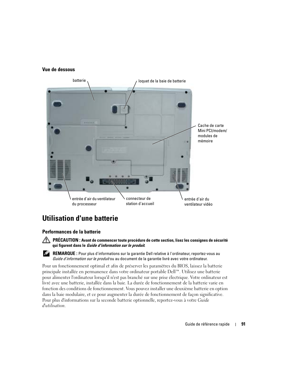 Vue de dessous, Utilisation d'une batterie, Performances de la batterie | Dell Precision M70 User Manual | Page 91 / 182