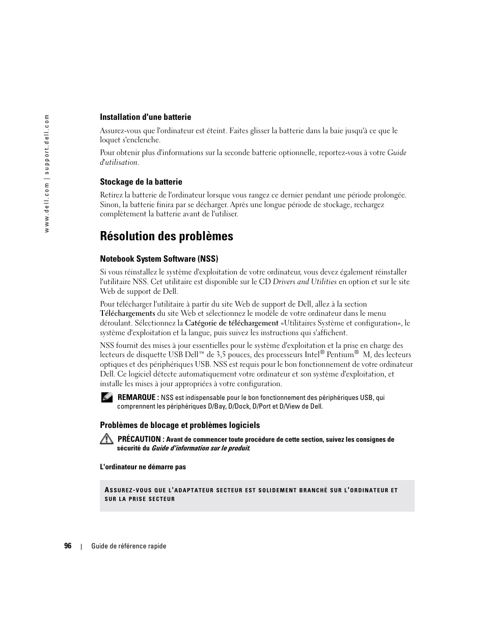 Installation d'une batterie, Stockage de la batterie, Résolution des problèmes | Notebook system software (nss), Problèmes de blocage et problèmes logiciels | Dell Precision M70 User Manual | Page 96 / 182