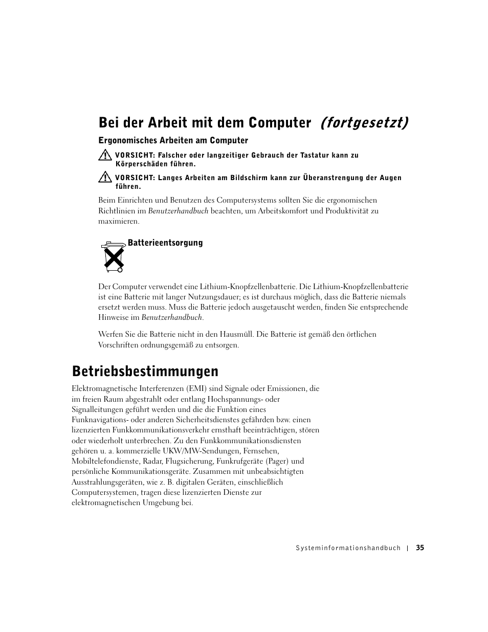Ergonomisches arbeiten am computer, Batterieentsorgung, Betriebsbestimmungen | Bei der arbeit mit dem computer (fortgesetzt) | Dell Precision 340 User Manual | Page 36 / 62