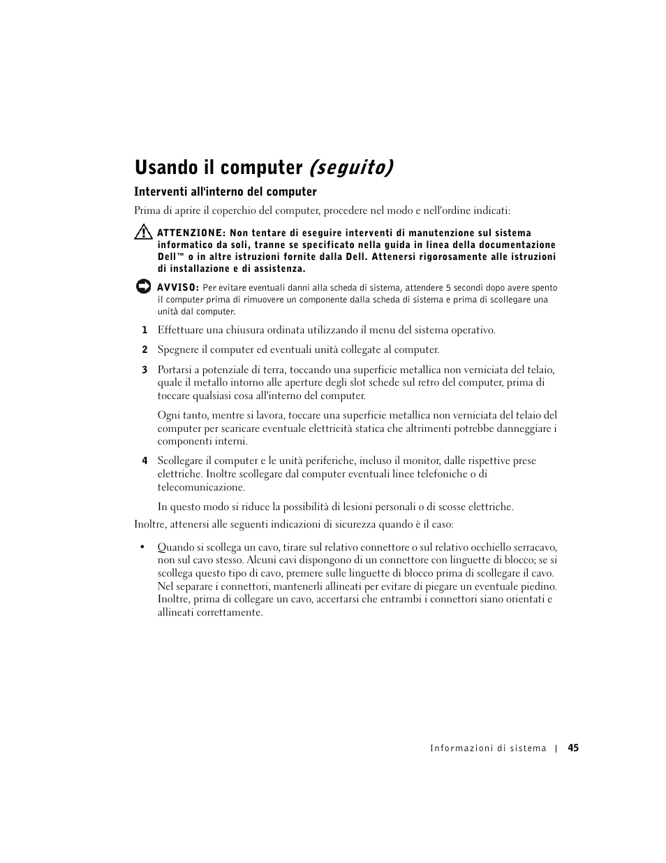 Interventi all'interno del computer, Usando il computer (seguito) | Dell Precision 340 User Manual | Page 46 / 62