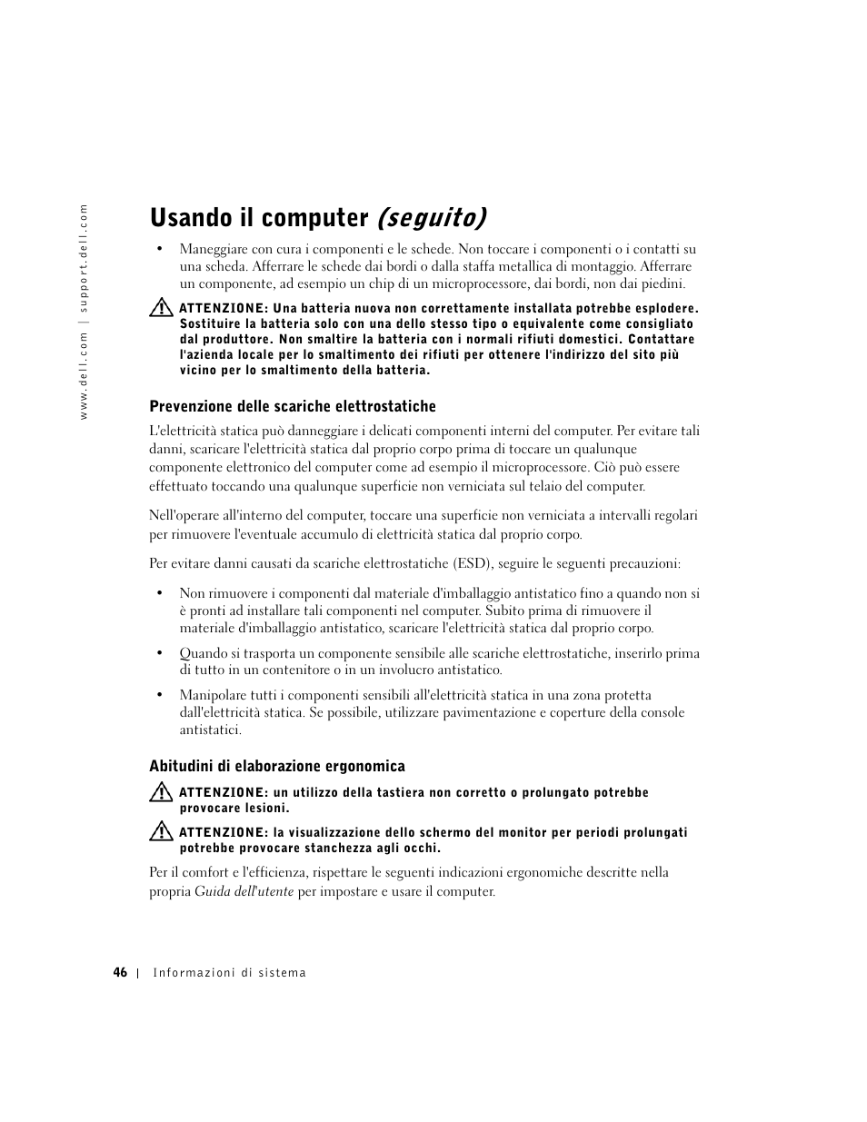Prevenzione delle scariche elettrostatiche, Abitudini di elaborazione ergonomica, Usando il computer (seguito) | Dell Precision 340 User Manual | Page 47 / 62