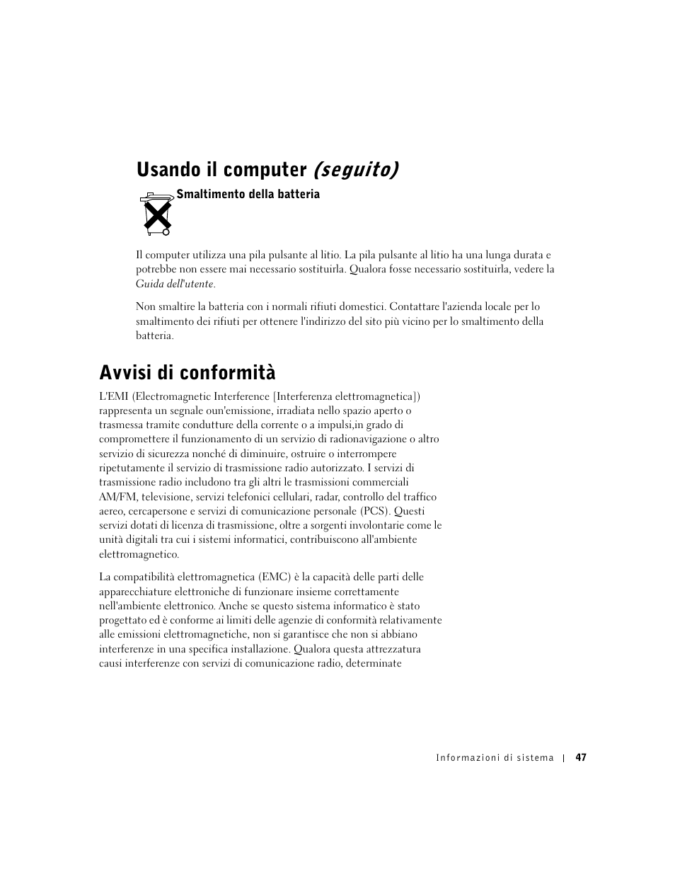 Smaltimento della batteria, Avvisi di conformità, Usando il computer (seguito) | Dell Precision 340 User Manual | Page 48 / 62