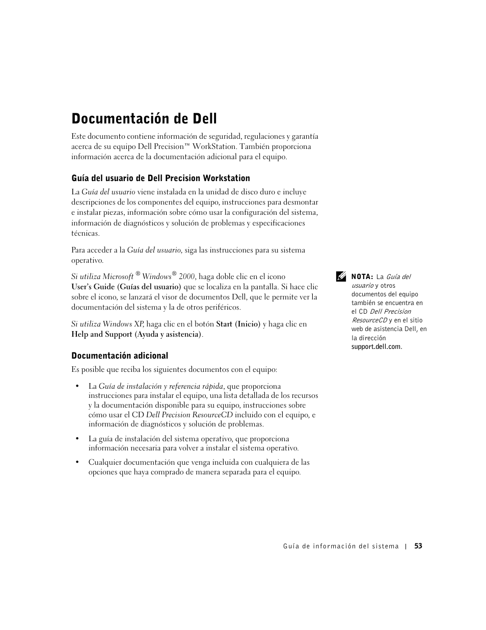 Documentación de dell, Guía del usuario de dell precision workstation, Documentación adicional | Dell Precision 340 User Manual | Page 54 / 62