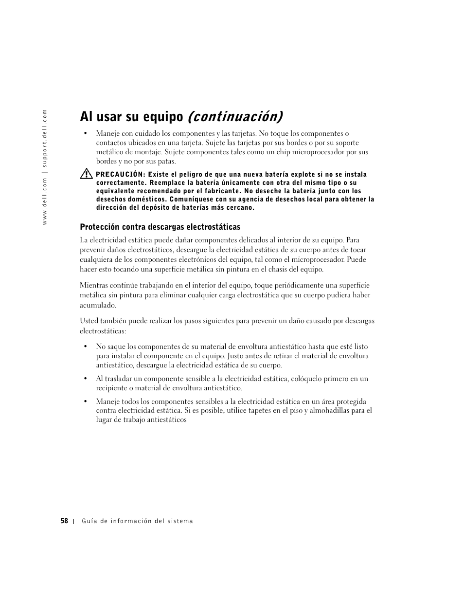 Protección contra descargas electrostáticas, Al usar su equipo (continuación) | Dell Precision 340 User Manual | Page 59 / 62