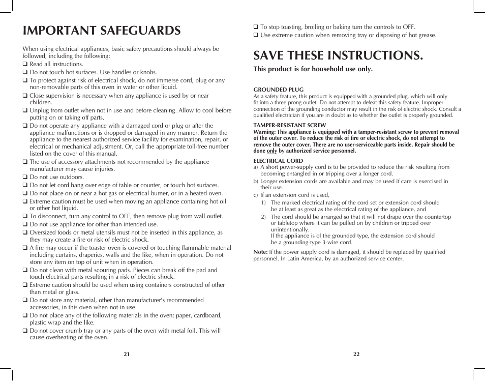 Important safeguards, Save these instructions | Black & Decker Perfect Broil CTO4401B User Manual | Page 12 / 23