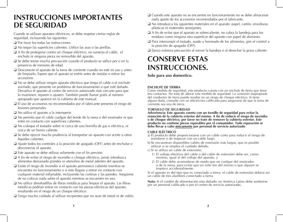 Instrucciones importantes de seguridad, Conserve estas instrucciones | Black & Decker Perfect Broil CTO4401B User Manual | Page 2 / 23