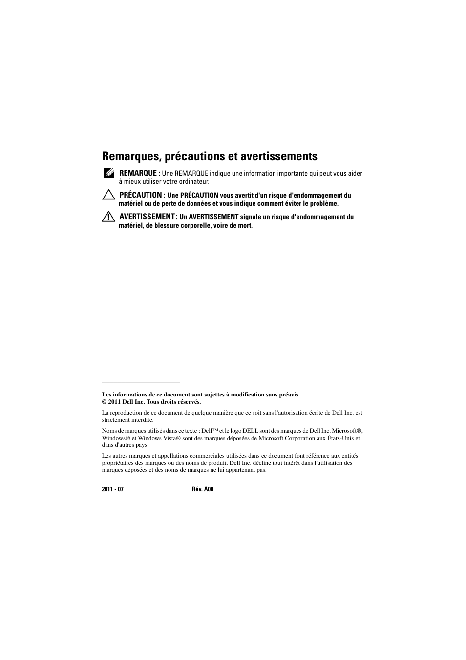 Remarques, précautions et avertissements | Dell Latitude E5420 (Early 2011) User Manual | Page 28 / 88