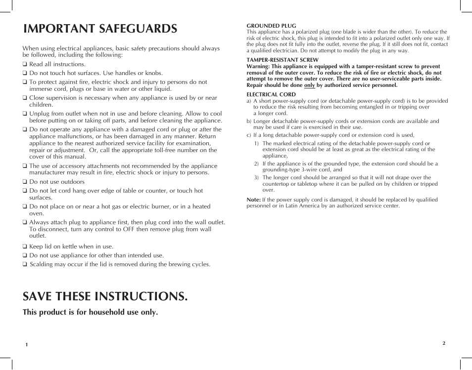 Important safeguards, Save these instructions, This product is for household use only | Black & Decker JKC920 User Manual | Page 2 / 15