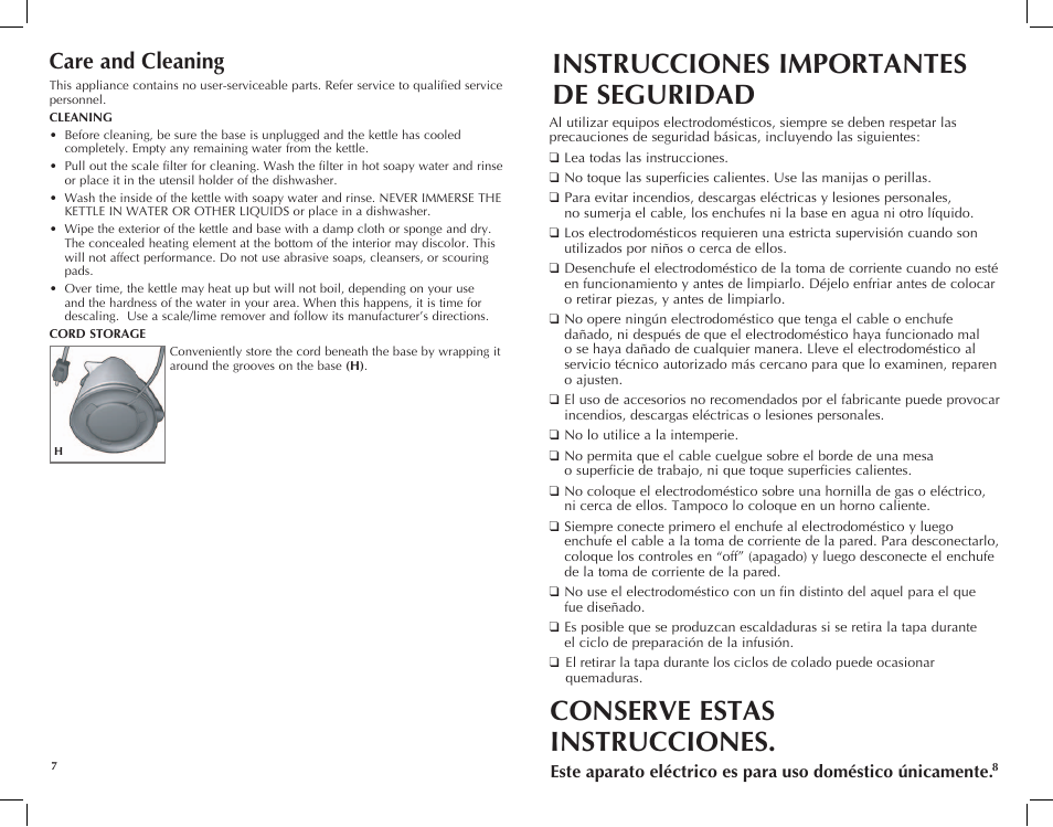 Instrucciones importantes de seguridad, Conserve estas instrucciones, Care and cleaning | Black & Decker JKC920 User Manual | Page 5 / 15