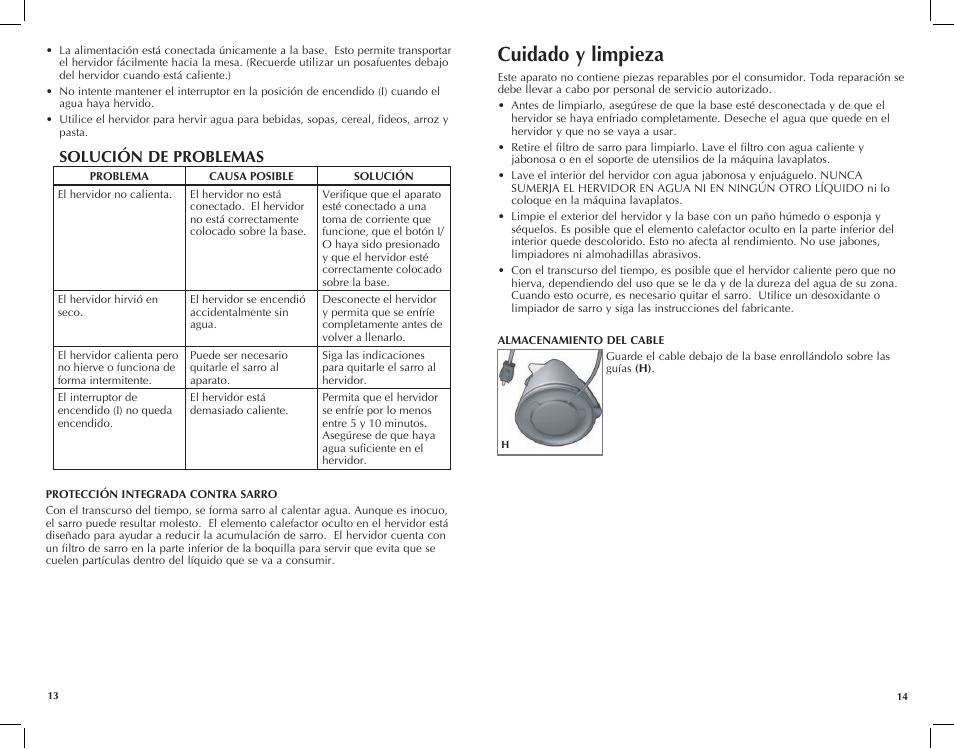 Cuidado y limpieza, Solución de problemas | Black & Decker JKC920 User Manual | Page 8 / 15