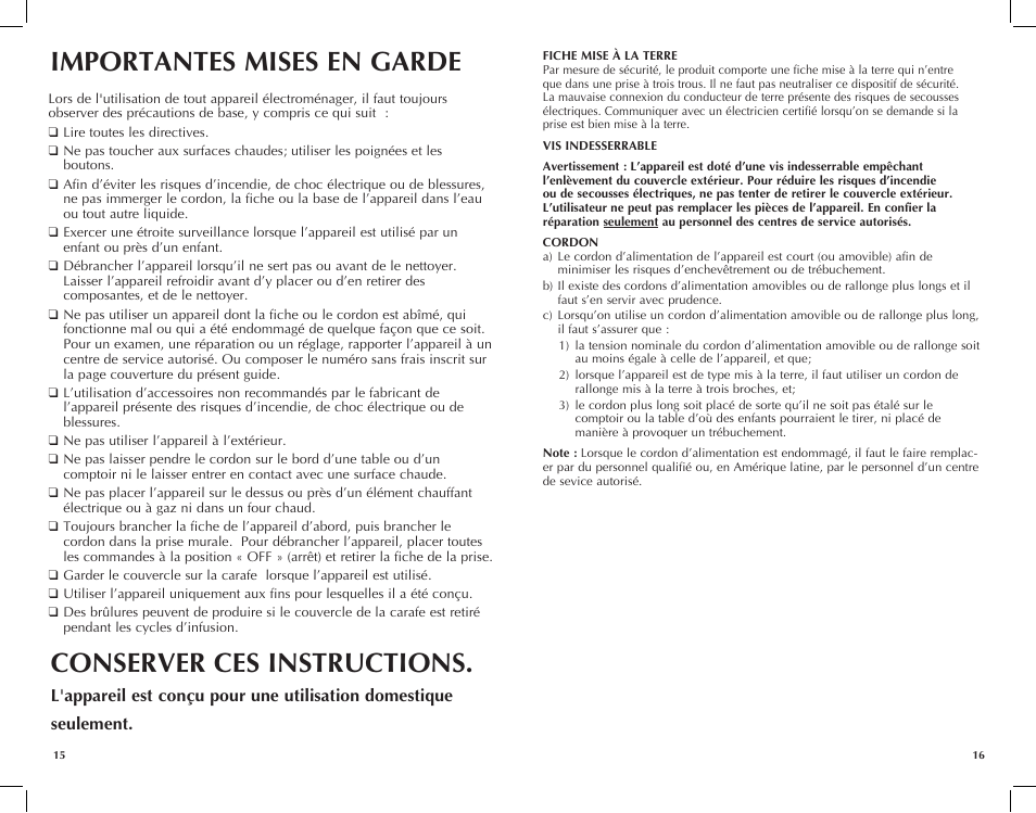 Importantes mises en garde, Conserver ces instructions | Black & Decker JKC920 User Manual | Page 9 / 15