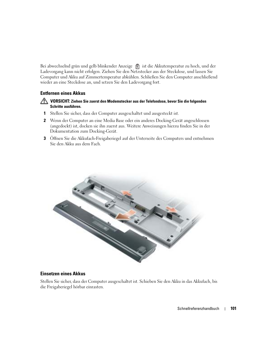 Entfernen eines akkus, Einsetzen eines akkus | Dell Latitude D410 User Manual | Page 101 / 166