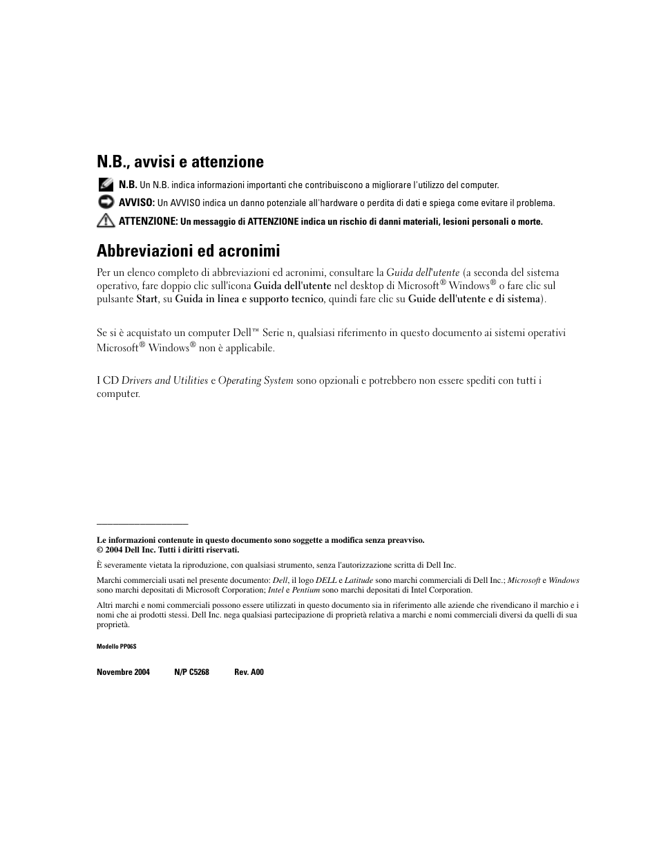 N.b., avvisi e attenzione, Abbreviazioni ed acronimi | Dell Latitude D410 User Manual | Page 112 / 166