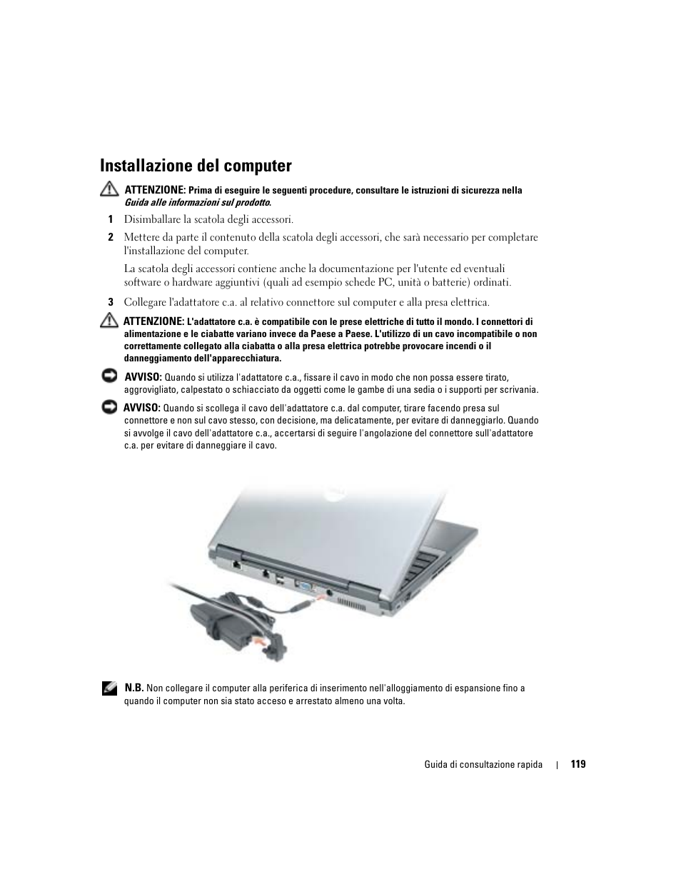 Installazione del computer | Dell Latitude D410 User Manual | Page 119 / 166