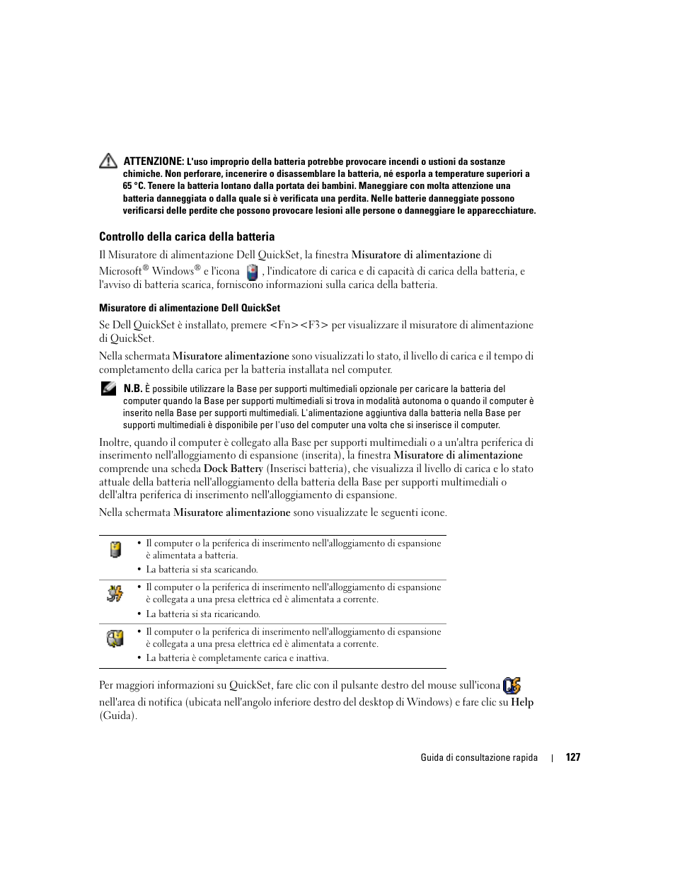 Controllo della carica della batteria | Dell Latitude D410 User Manual | Page 127 / 166