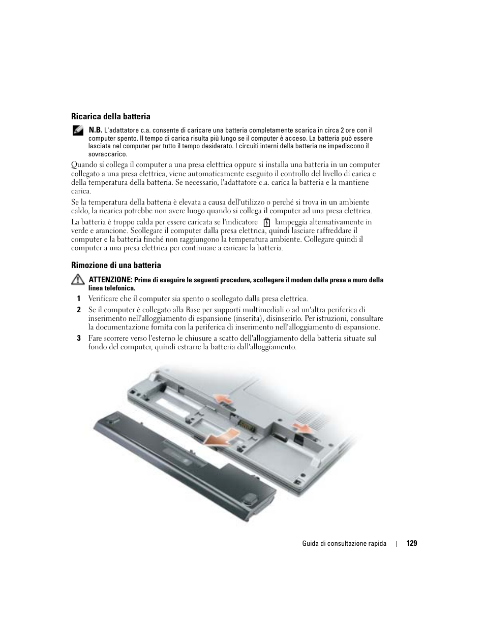 Ricarica della batteria, Rimozione di una batteria | Dell Latitude D410 User Manual | Page 129 / 166