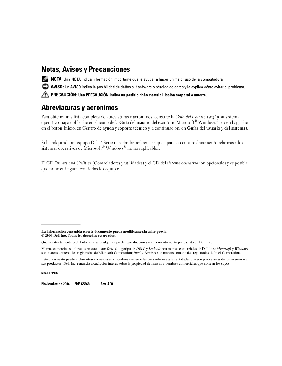 Notas, avisos y precauciones, Abreviaturas y acrónimos | Dell Latitude D410 User Manual | Page 140 / 166