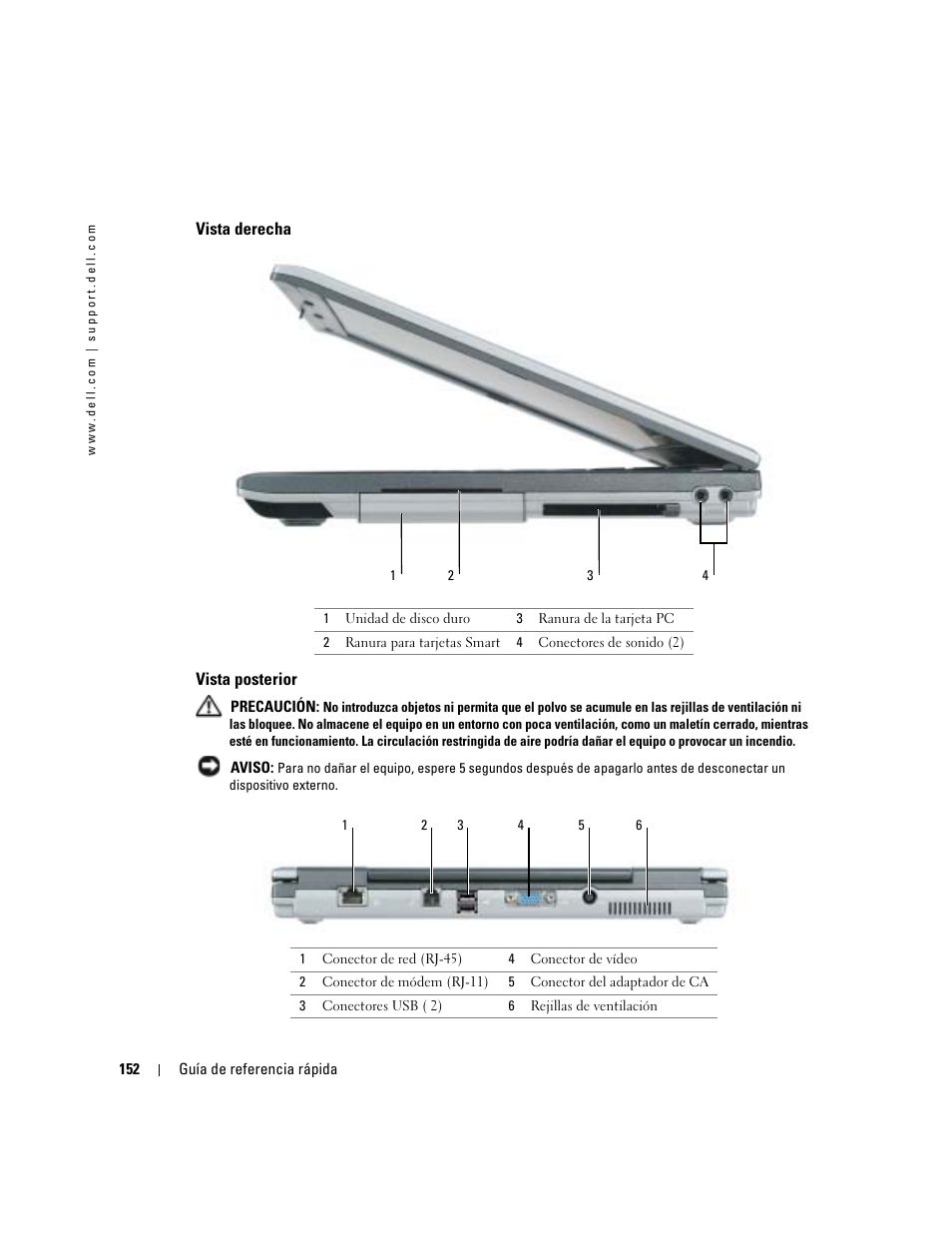 Vista derecha, Vista posterior | Dell Latitude D410 User Manual | Page 152 / 166