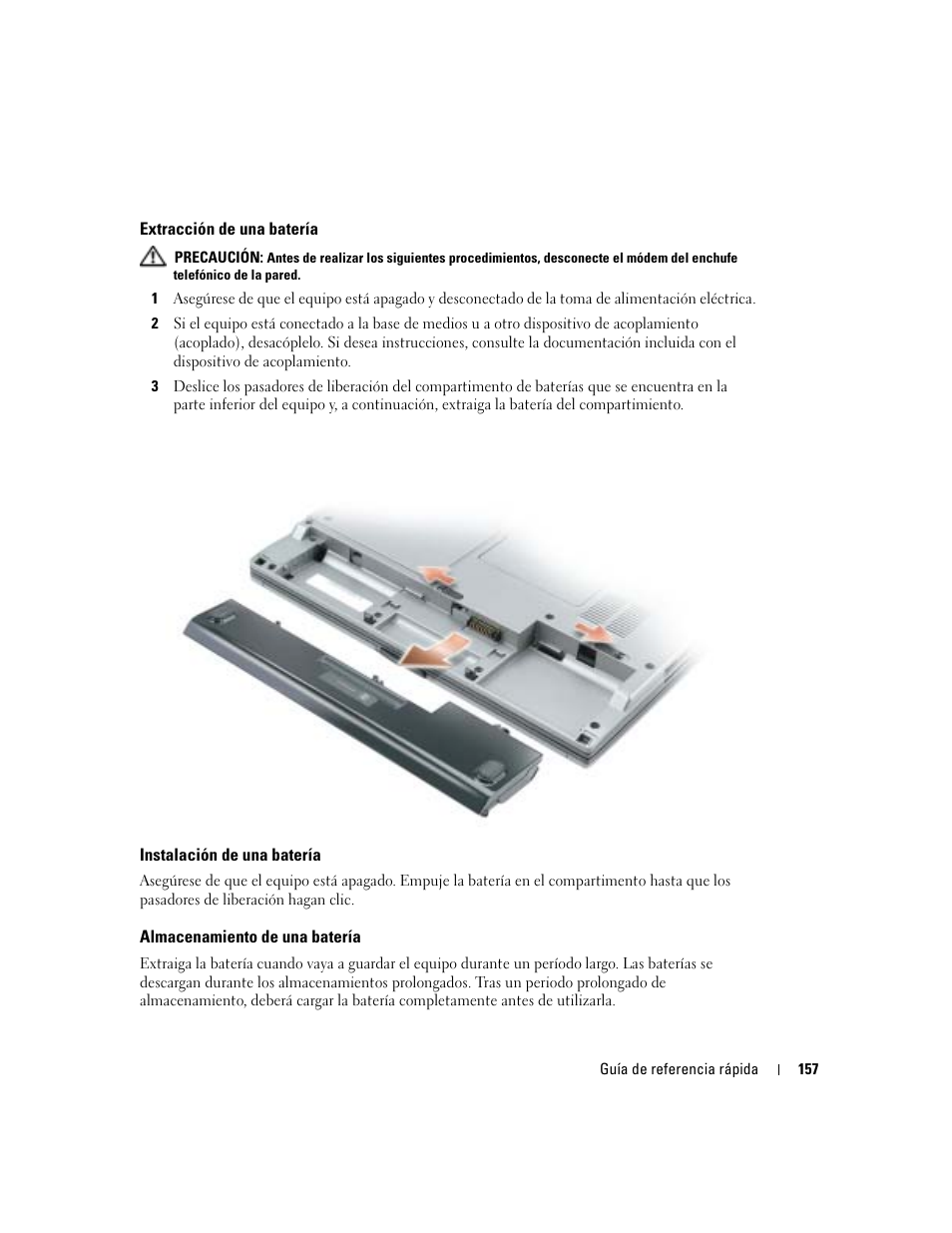 Extracción de una batería, Instalación de una batería, Almacenamiento de una batería | Dell Latitude D410 User Manual | Page 157 / 166
