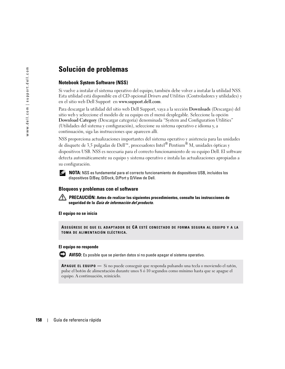 Solución de problemas, Notebook system software (nss), Bloqueos y problemas con el software | Dell Latitude D410 User Manual | Page 158 / 166