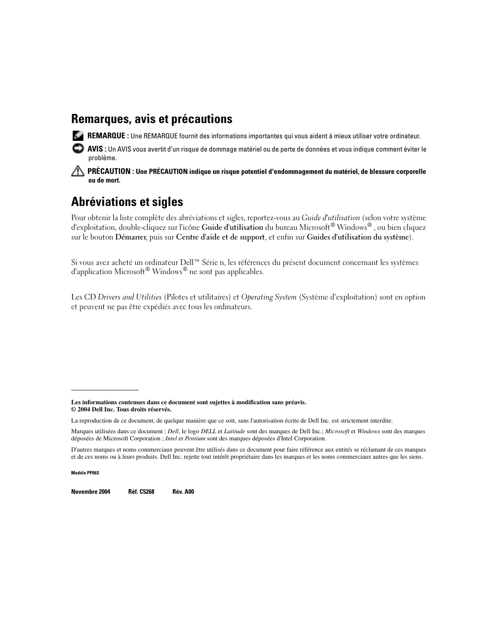 Remarques, avis et précautions, Abréviations et sigles | Dell Latitude D410 User Manual | Page 56 / 166