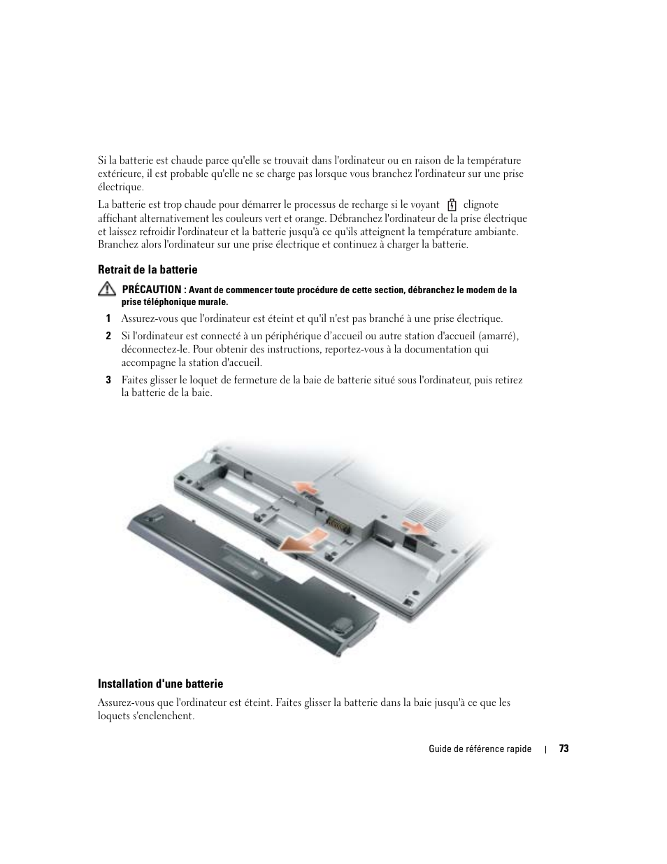 Retrait de la batterie, Installation d'une batterie | Dell Latitude D410 User Manual | Page 73 / 166