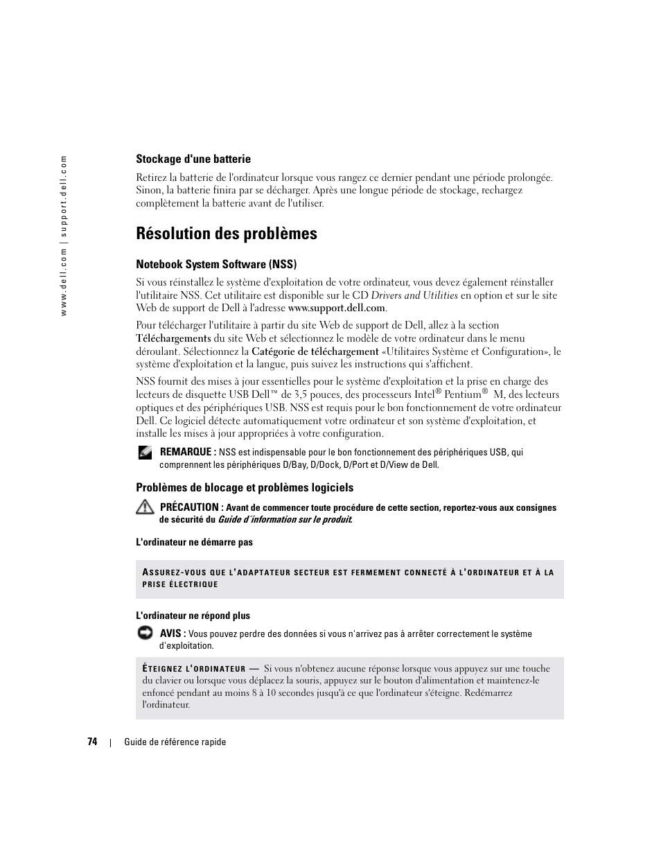 Stockage d'une batterie, Résolution des problèmes, Notebook system software (nss) | Problèmes de blocage et problèmes logiciels | Dell Latitude D410 User Manual | Page 74 / 166