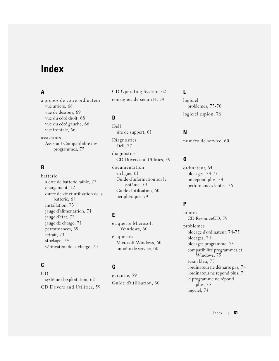 Index | Dell Latitude D410 User Manual | Page 81 / 166