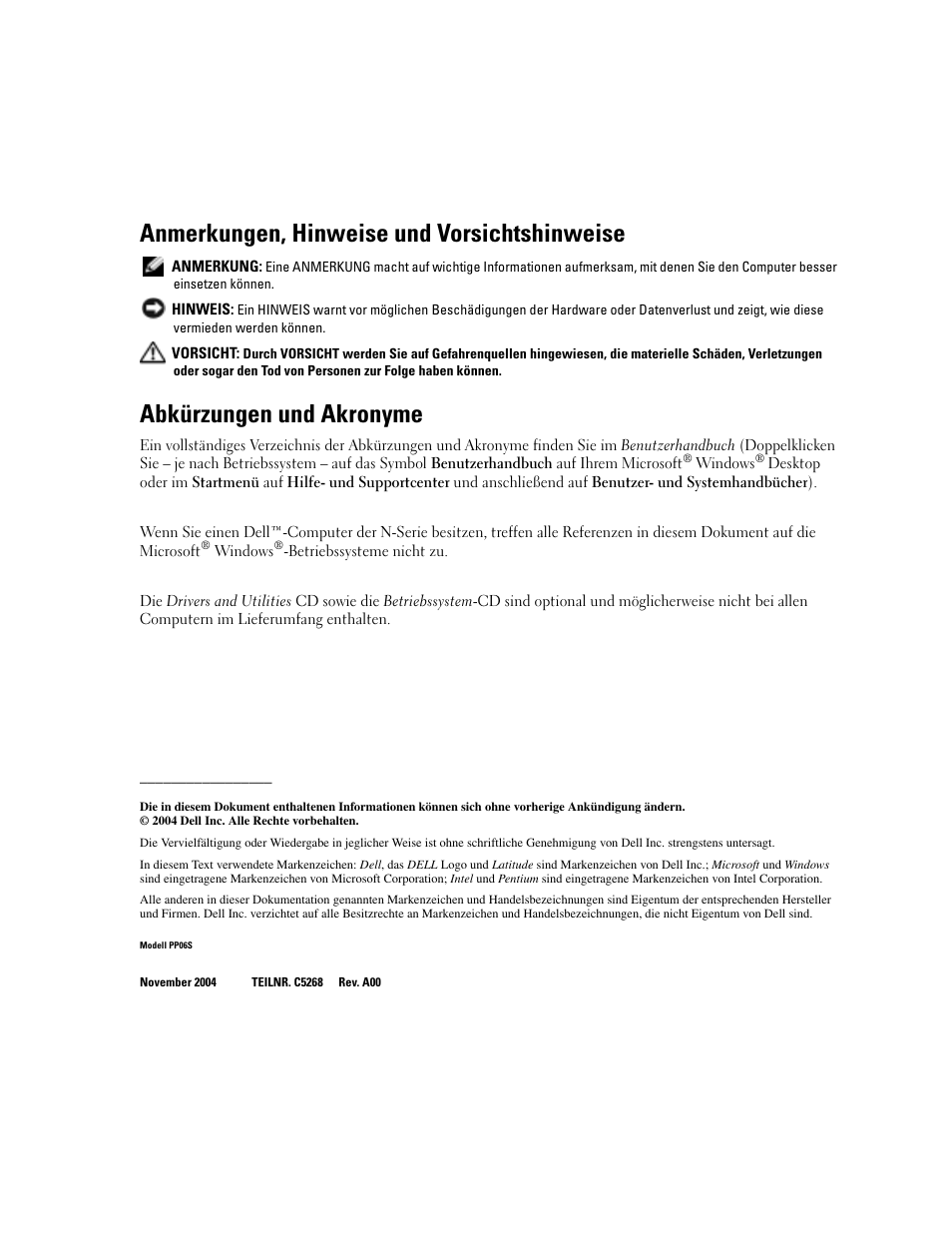 Anmerkungen, hinweise und vorsichtshinweise, Abkürzungen und akronyme | Dell Latitude D410 User Manual | Page 84 / 166