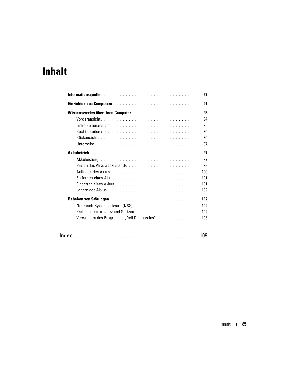 Inhalt, Index | Dell Latitude D410 User Manual | Page 85 / 166