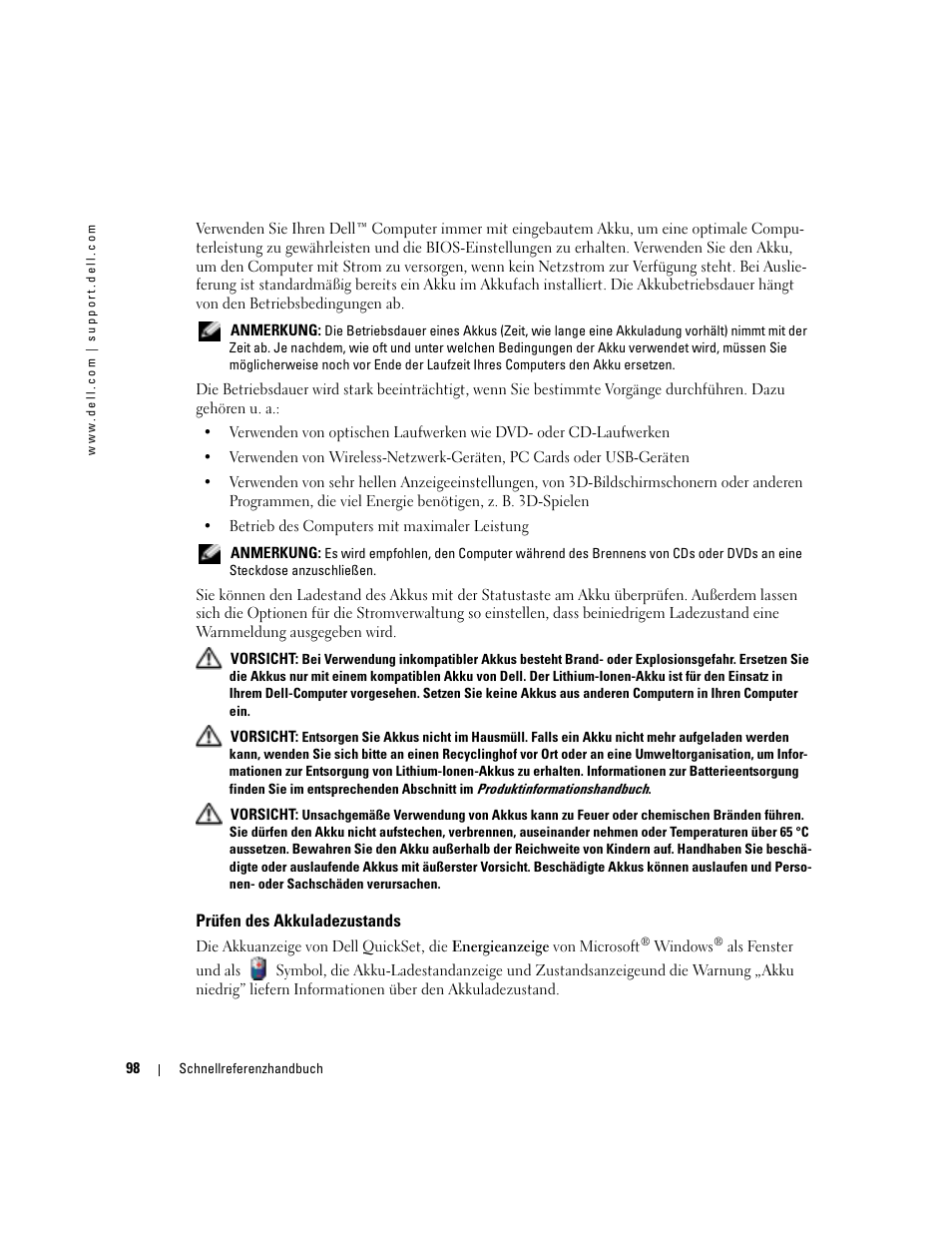 Prüfen des akkuladezustands | Dell Latitude D410 User Manual | Page 98 / 166