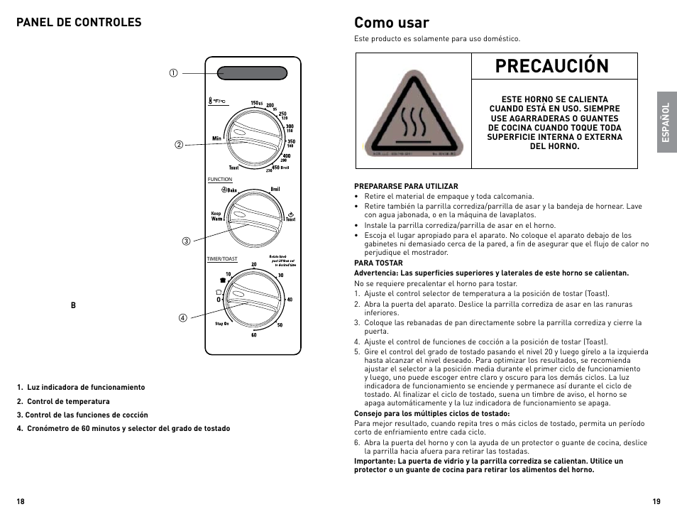 Precaución, Como usar, Panel de controles | Black & Decker TRO4085 User Manual | Page 10 / 17