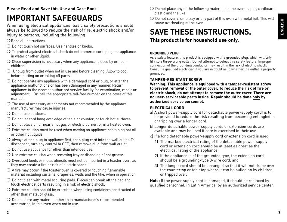 Important safeguards, Save these instructions | Black & Decker TRO4085 User Manual | Page 2 / 17