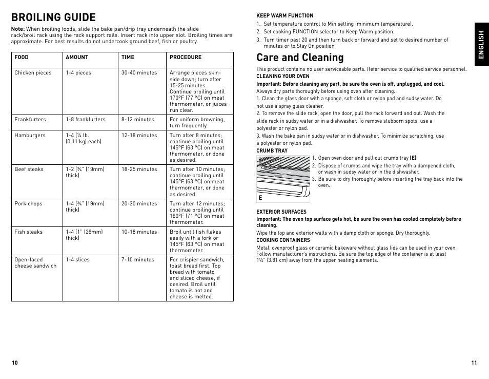 Broiling guide, Care and cleaning | Black & Decker TRO4085 User Manual | Page 6 / 17